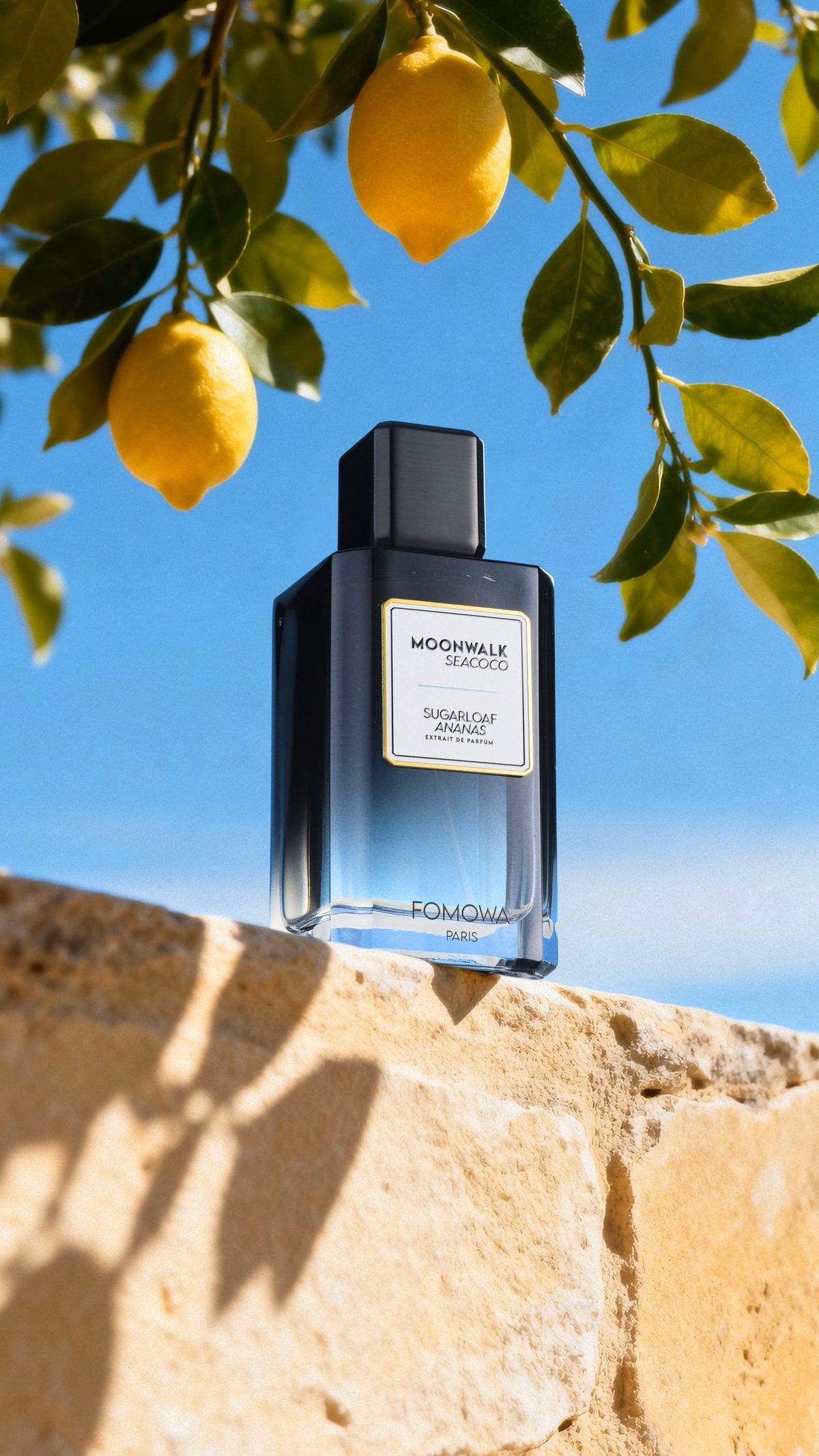 Flacon Moonwalk Seacoco de FOMOWA PARIS sous un citronnier